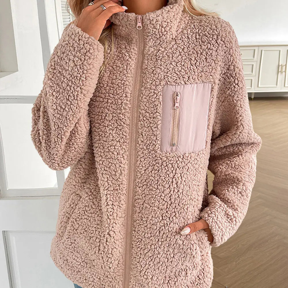 Women Clothing Autumn Winter Lamb Wool Berber Fleece Coat Women Loose Stitching Casual All Matching Jacket Coat Perfecsy