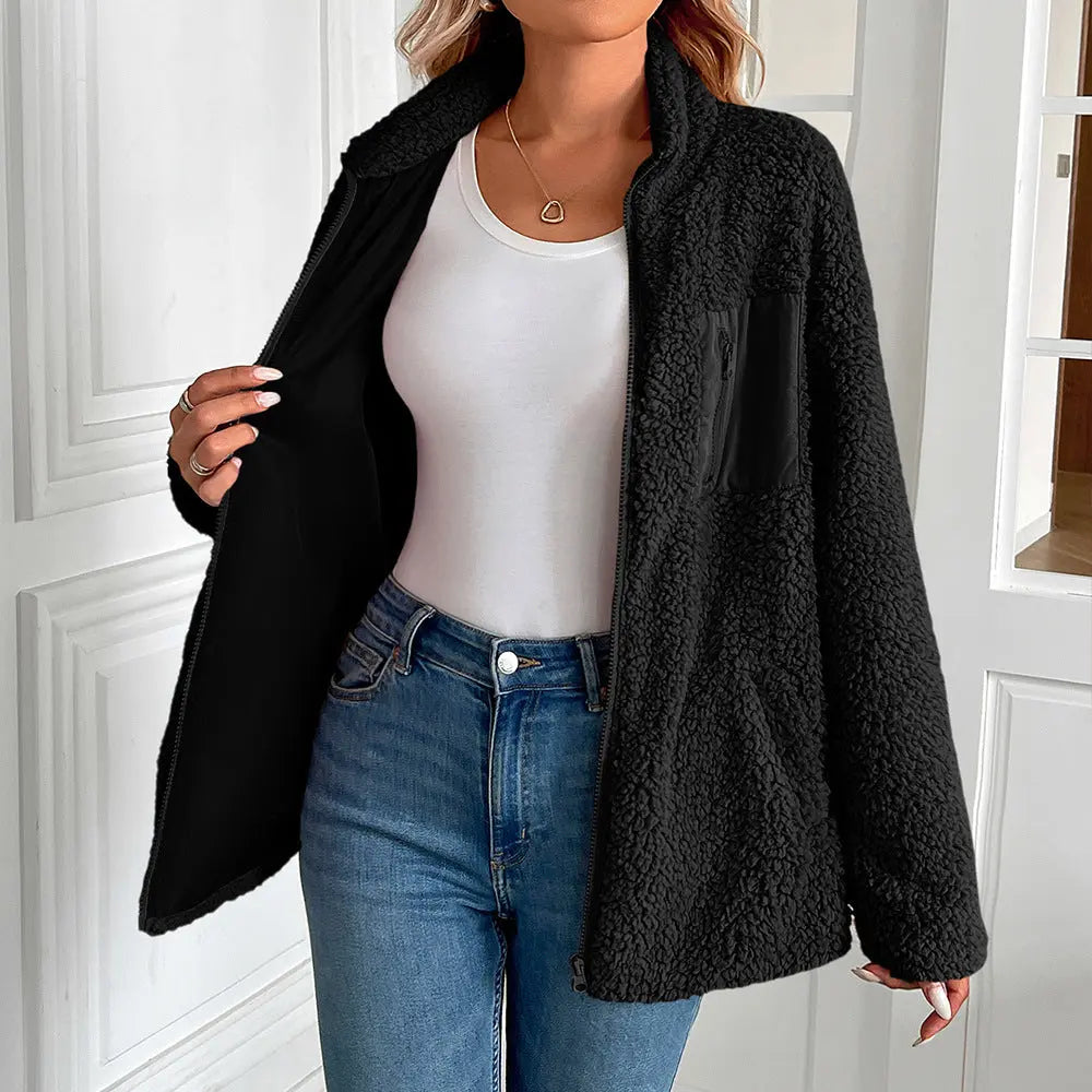 Women Clothing Autumn Winter Lamb Wool Berber Fleece Coat Women Loose Stitching Casual All Matching Jacket Coat Perfecsy