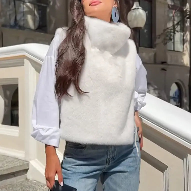 Women Clothing Autumn Winter Solid Color Half Collar Furry Waistcoat Sleeveless Top Vest Perfecsy