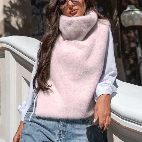 Women Clothing Autumn Winter Solid Color Half Collar Furry Waistcoat Sleeveless Top Vest Perfecsy