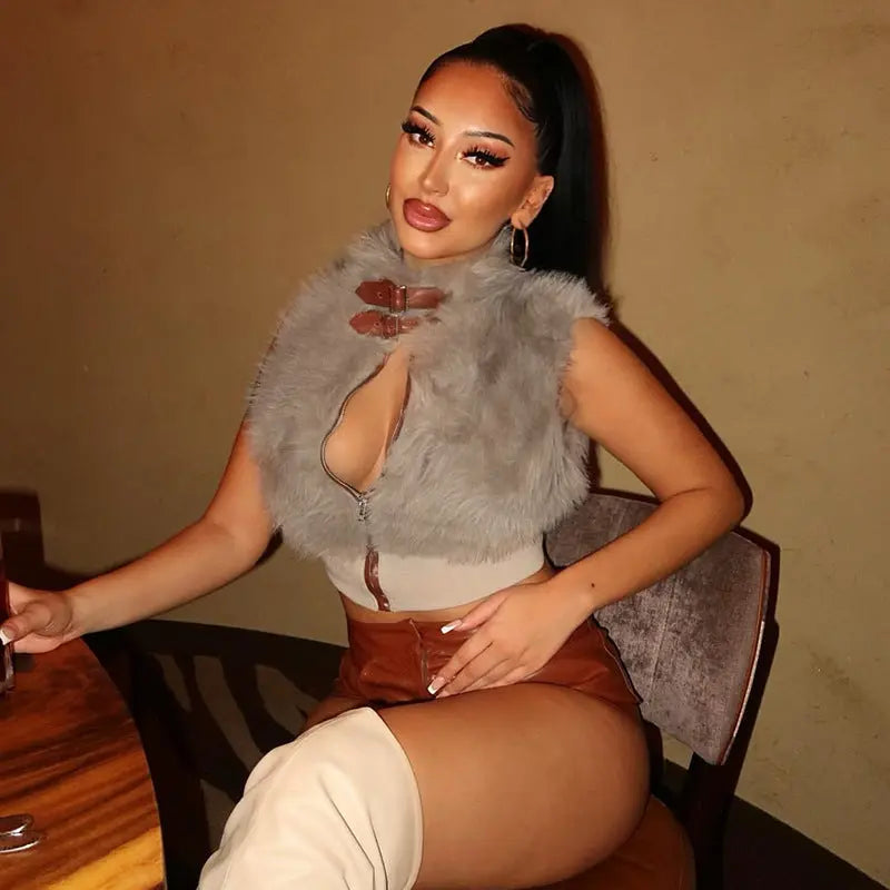 Women Clothing Autumn Winter Solid Color Sleeveless Plush Cardigan Zipper Vest Bare Cropped Slim Fit Top Perfecsy