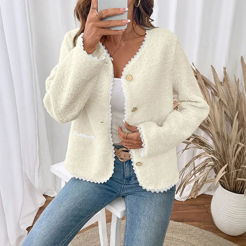 Women Clothing Lace V neck Jacket Coat Classic Autumn Winter Long Sleeve Cardigan Top Perfecsy