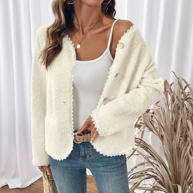 Women Clothing Lace V neck Jacket Coat Classic Autumn Winter Long Sleeve Cardigan Top Perfecsy