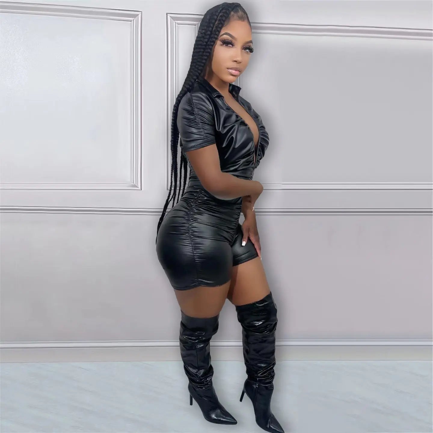 Women Clothing Solid Color Pleated High Elastic Faux Leather Romper Perfecsy