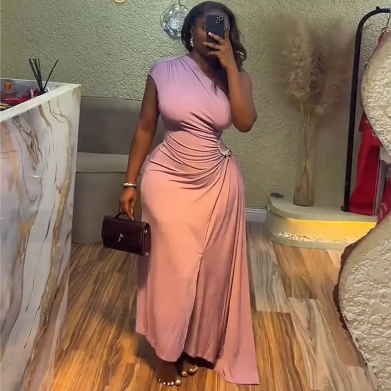 Women Clothing Summer Elegant Diagonal Collar Pleated Diamond Waist Tight Irregular Asymmetric Maxi Dress Bella Mia 120.98