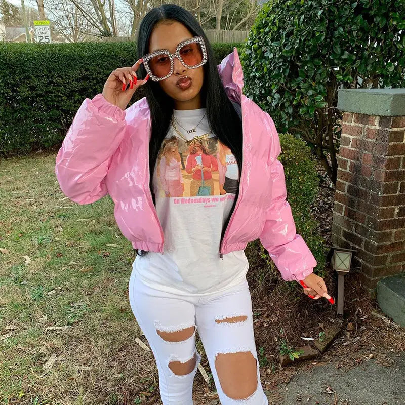 Women Clothing Winter Long leeved Zipped Stand up Collar Thermal Mirror Casual Cotton padded Jacket Outerwear Perfecsy