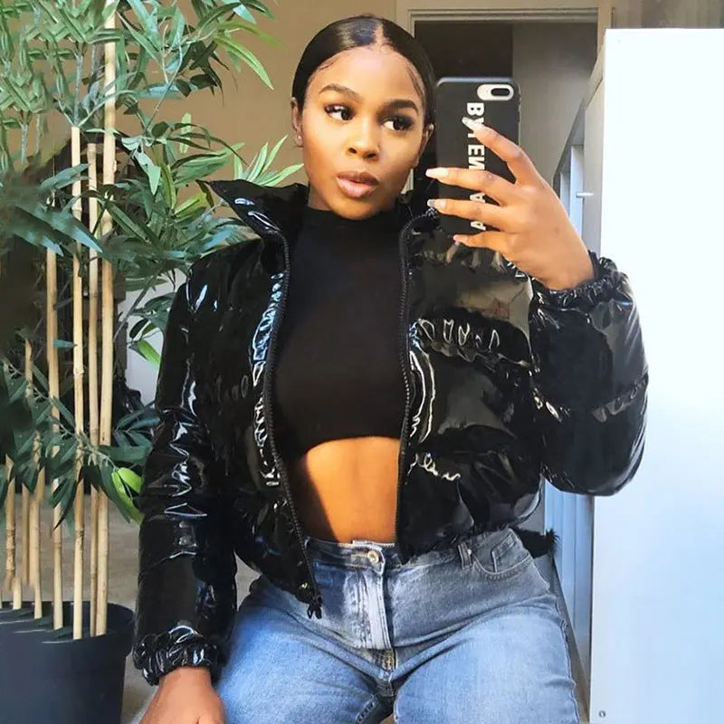 Women Clothing Winter Long leeved Zipped Stand up Collar Thermal Mirror Casual Cotton padded Jacket Outerwear Perfecsy