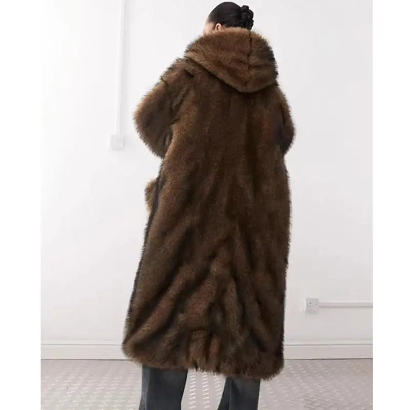 Women Fur Coat Winter Warm Faux Fur Coat Young Wolf Fur Color Hooded Warm Trench Coat Perfecsy