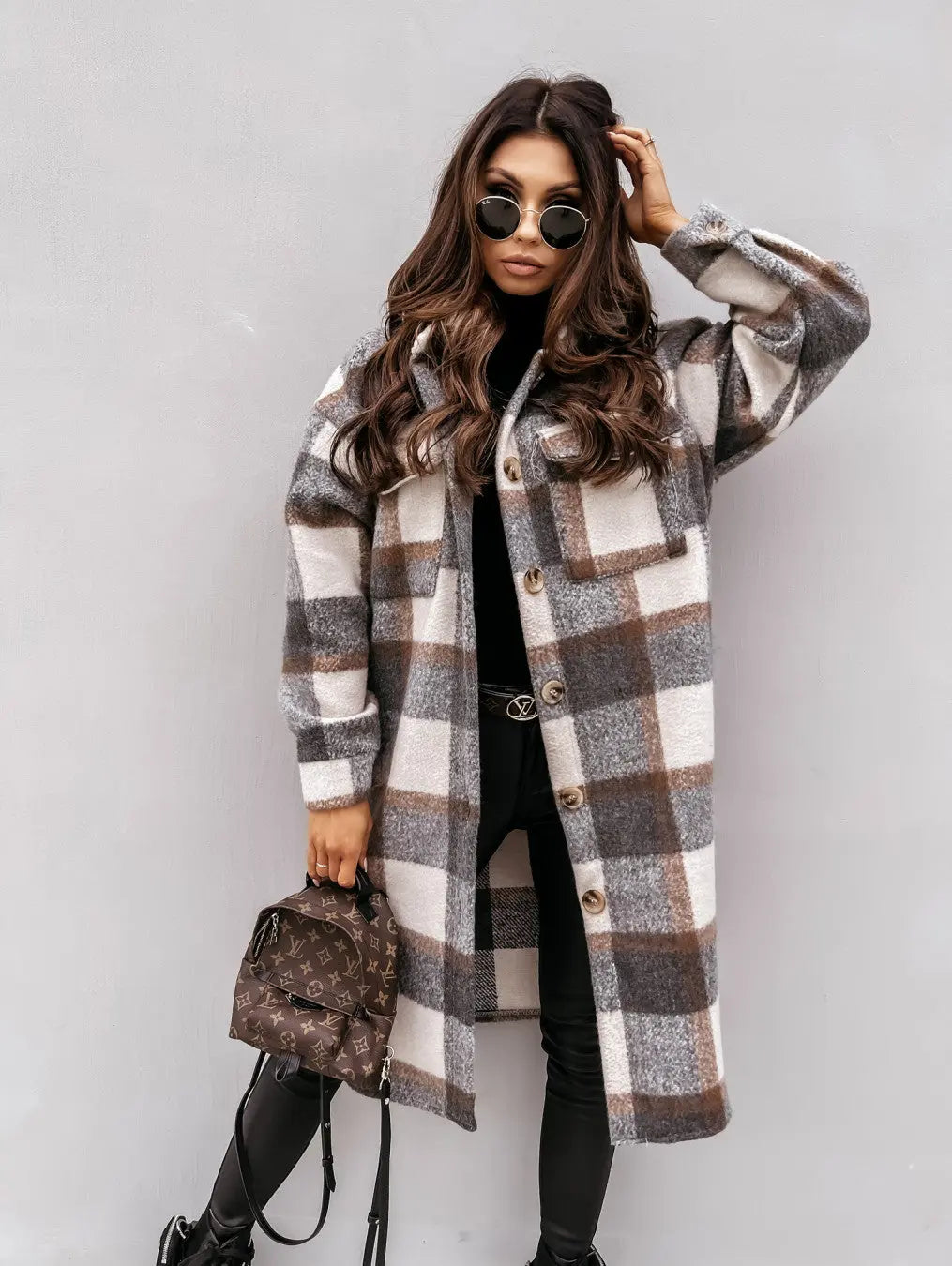 Women New Fall Winter Long Sleeve Long Plaid Printed Shirt Woolen Jacket Perfecsy