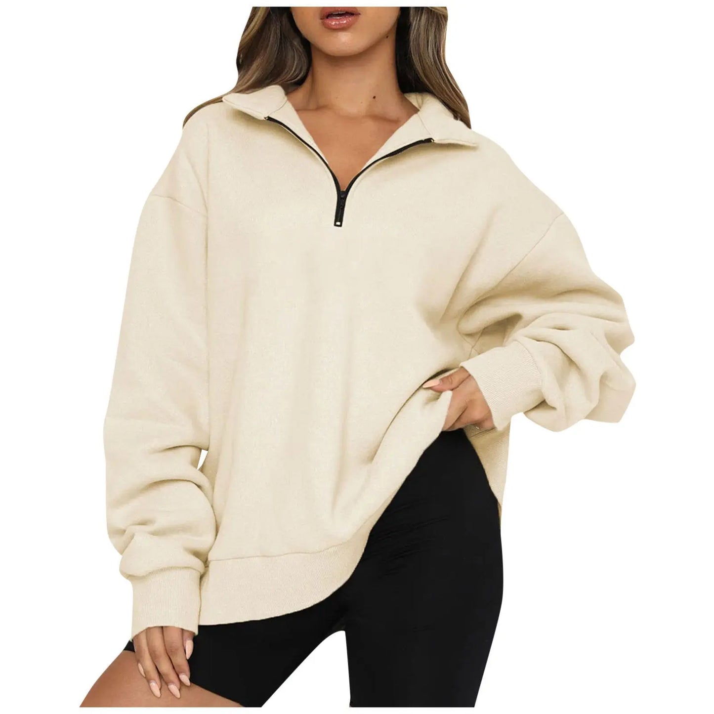 Women Sweatshirts Zip Turndown Collar Loose Casual Tops - Plush Fashion Hub