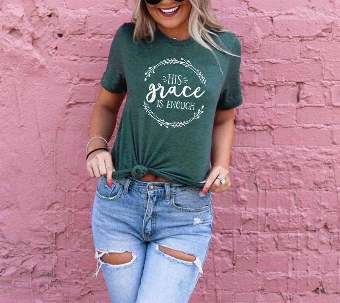 Women's His Grace Is Enough short sleeve tee with inspiring message, Jane Birkin fashion inspired, green color.