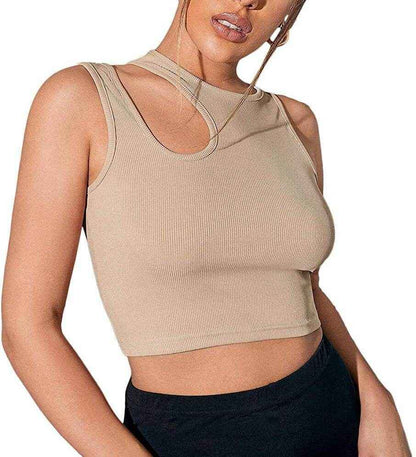 Fashionable women's camisole with hollowed-out design in khaki color.