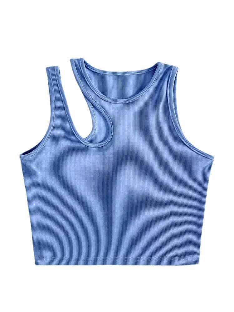 Women's blue camisole T-shirt with hollowed-out design.