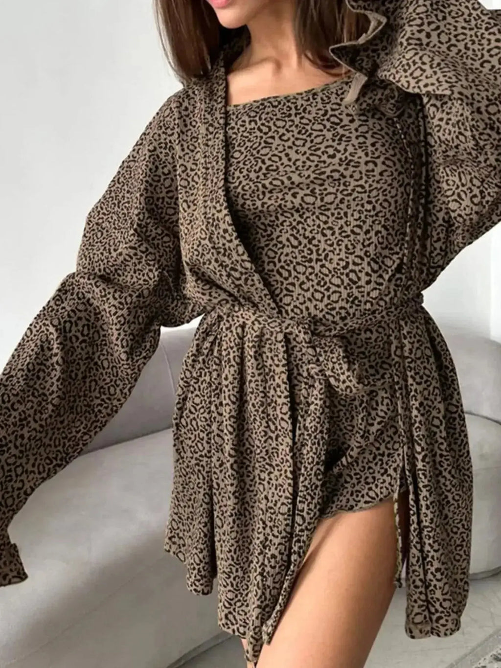 Women's leopard print pajama lounge set with cami, shorts, and cardigan by Trendsi, featuring a stylish 3-piece design.
