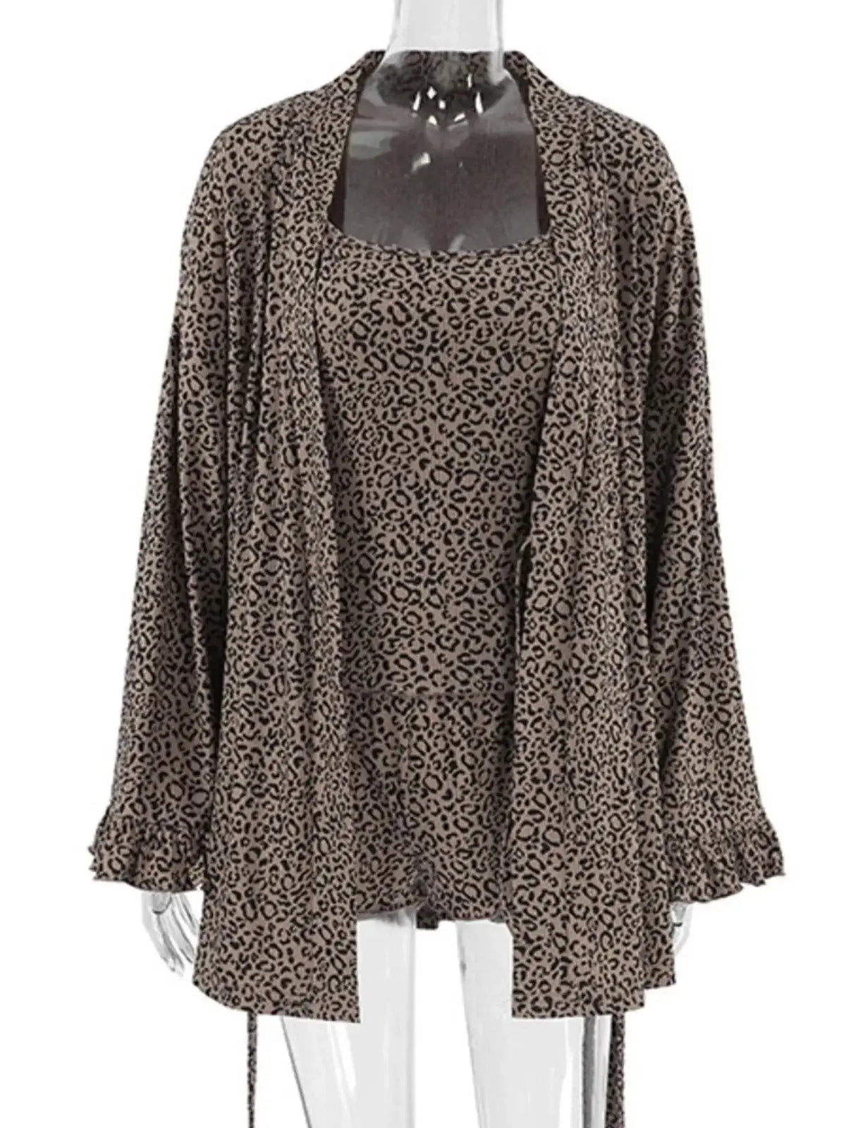Women's leopard print pajama set includes a cami, shorts, and cardigan by Plush Fashion Hub, perfect for comfortable lounging.