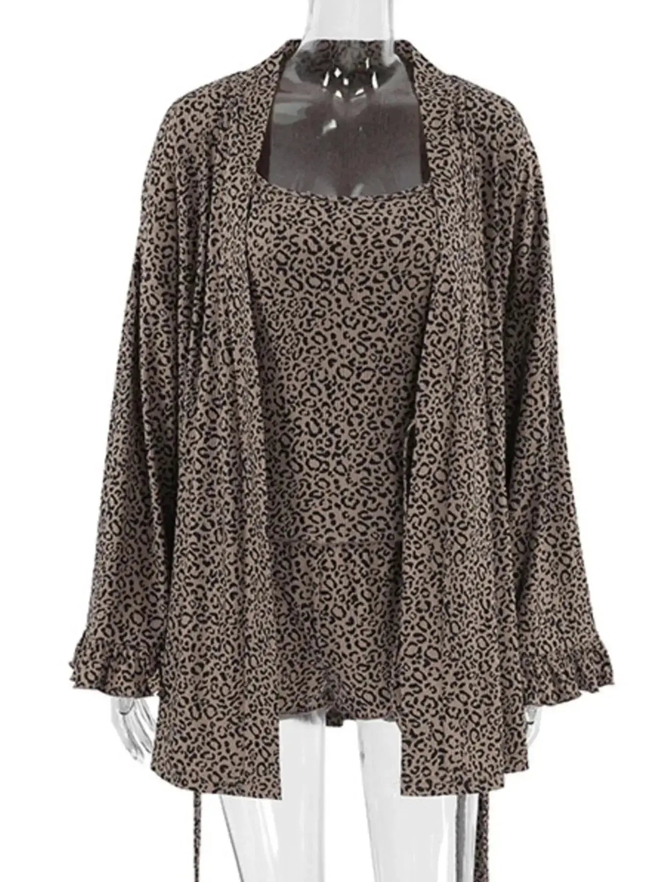Women's leopard print pajama lounge set with cami, shorts, and cardigan by Trendsi, featuring cozy, stylish sleepwear ensemble.