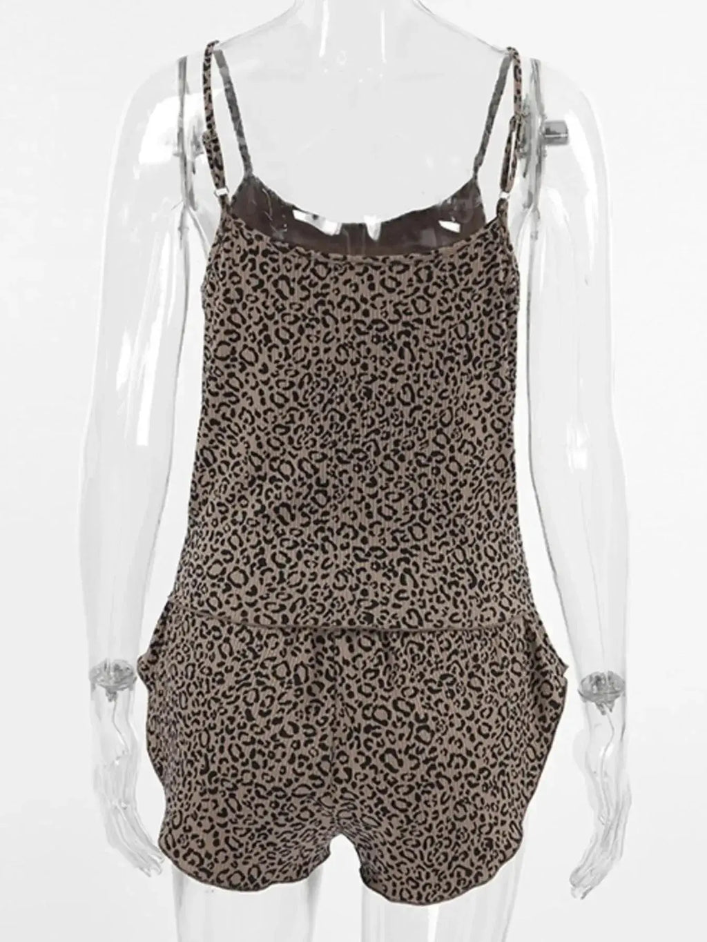 Women's leopard print pajama lounge set with cami, shorts, and cardigan by Trendsi, featuring a stylish and comfortable sleepwear ensemble.
