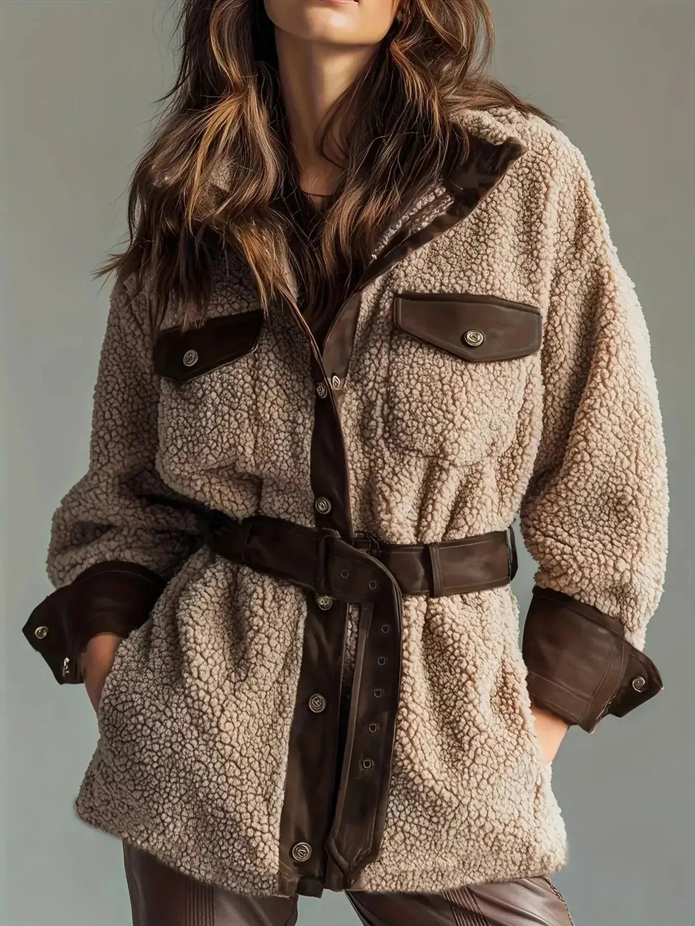 Women's belted Sherpa jacket with leather trim, plush interior, and stylish design from Trendsi.