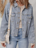 Women's light wash denim jacket with bow knot print and raw hem, featuring a stylish casual design by Trendsi.