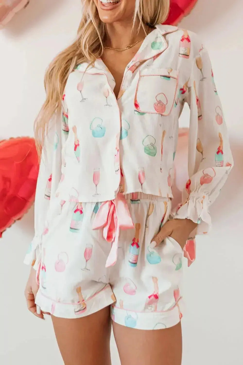 Women's bow print collared lounge top and drawstring shorts pajama set by Plush Fashion Hub, comfortable sleepwear for women.