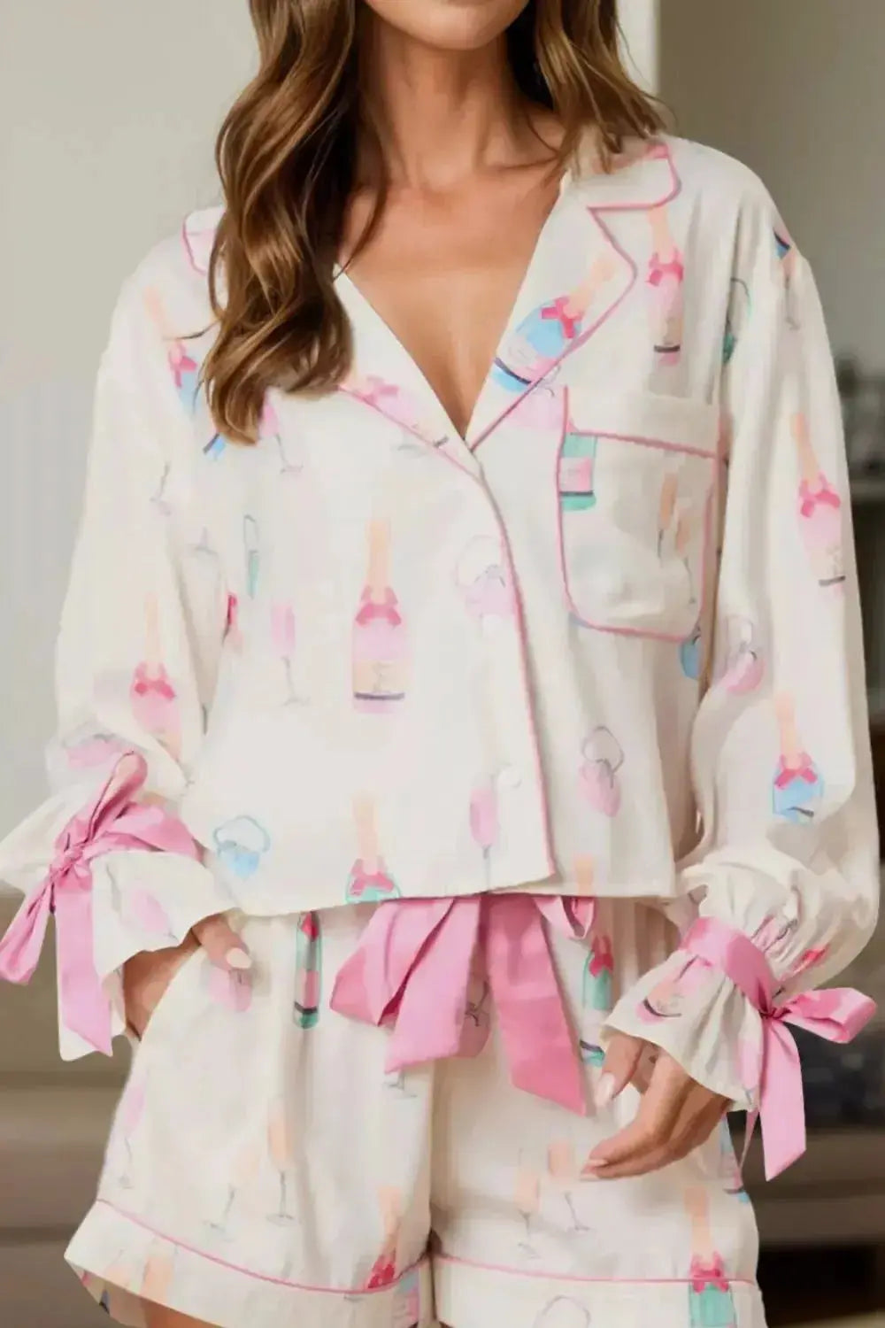 Women’s bow print collared lounge top and drawstring shorts pajama set by Plush Fashion Hub, casual sleepwear for women.