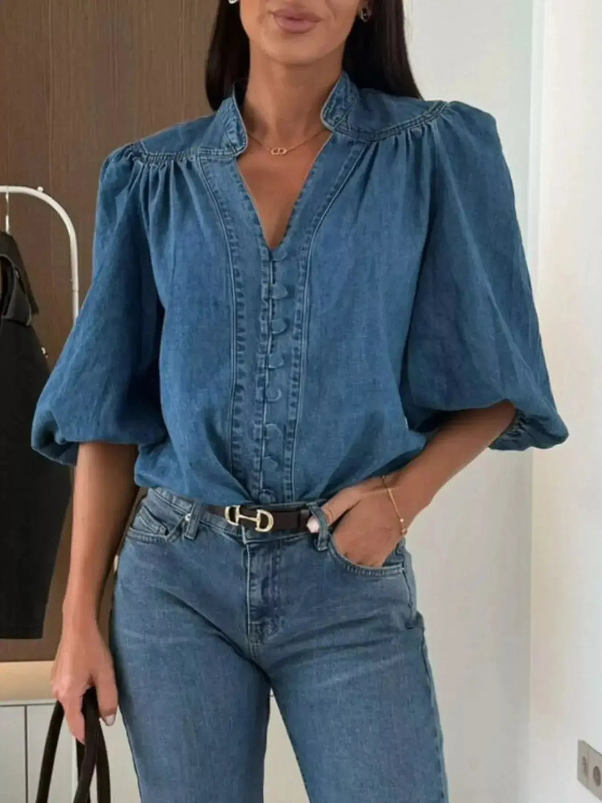 Women’s blue denim button-down blouse with puff sleeves and structured casual chic style by Plush Fashion Hub.