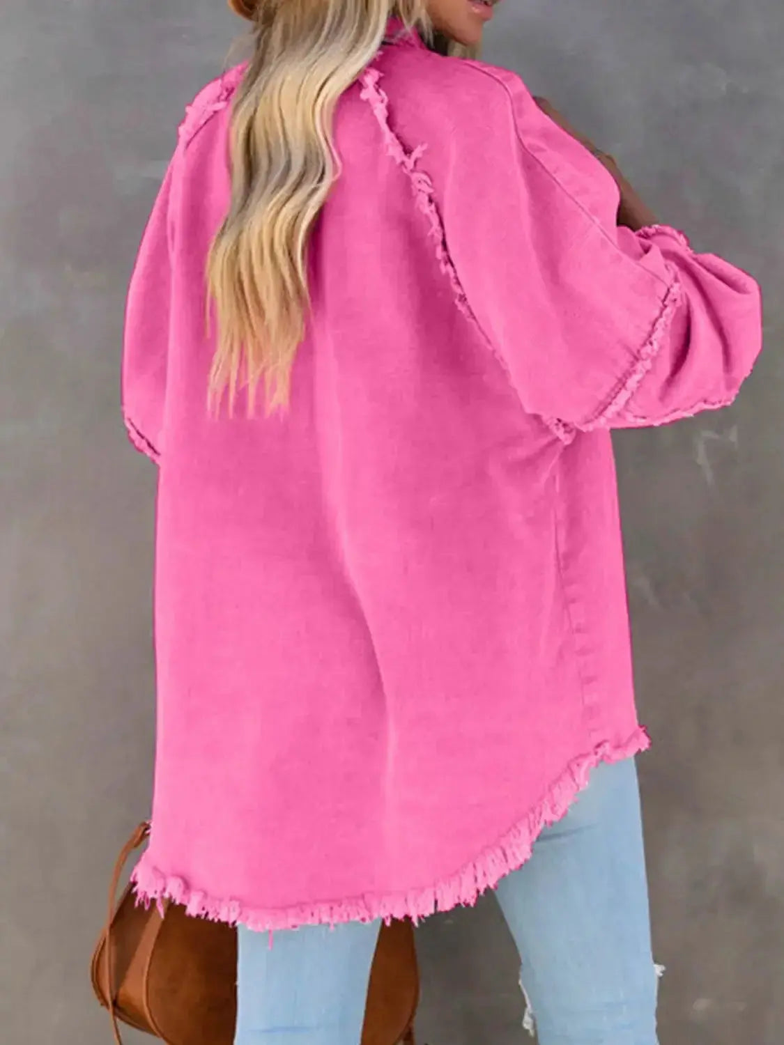 Women’s cotton blend denim jacket with button-down front, raw hem, casual style, from Plush Fashion Hub.