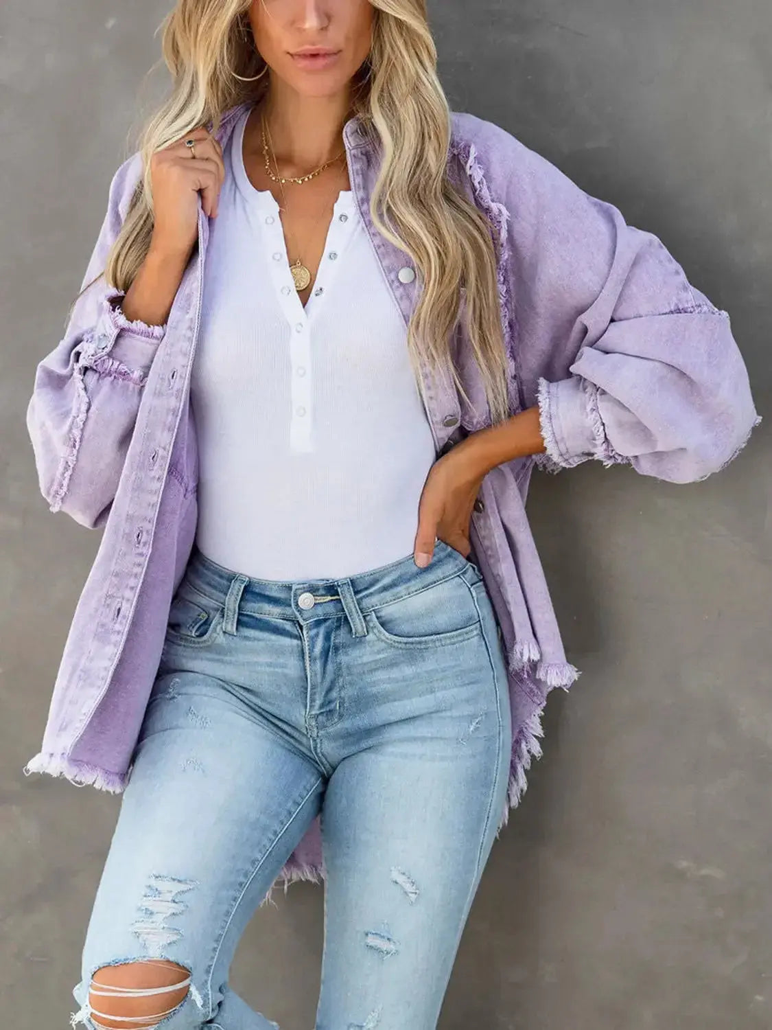 Women’s cotton blend denim jacket with button-down front, raw hem, casual style, from Plush Fashion Hub.