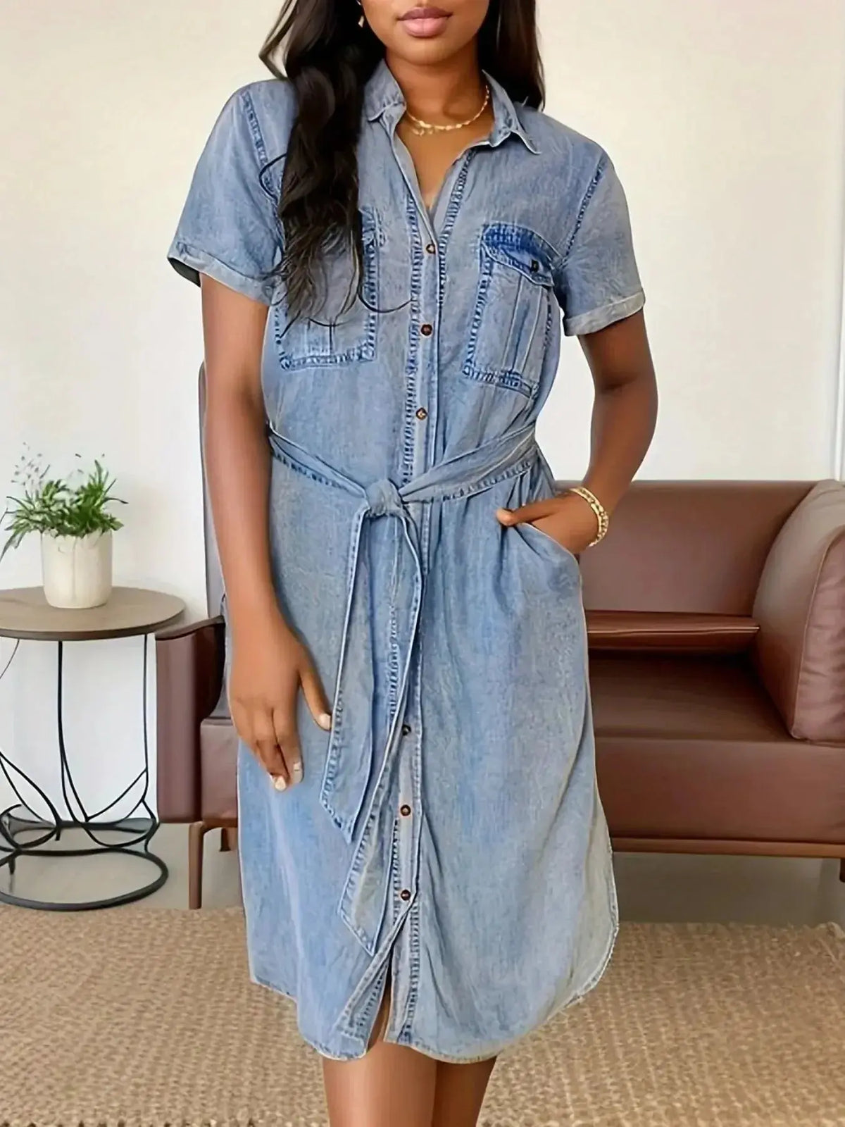 Women’s belted denim dress with short sleeves, button front and cotton blend fabric by Plush Fashion Hub.