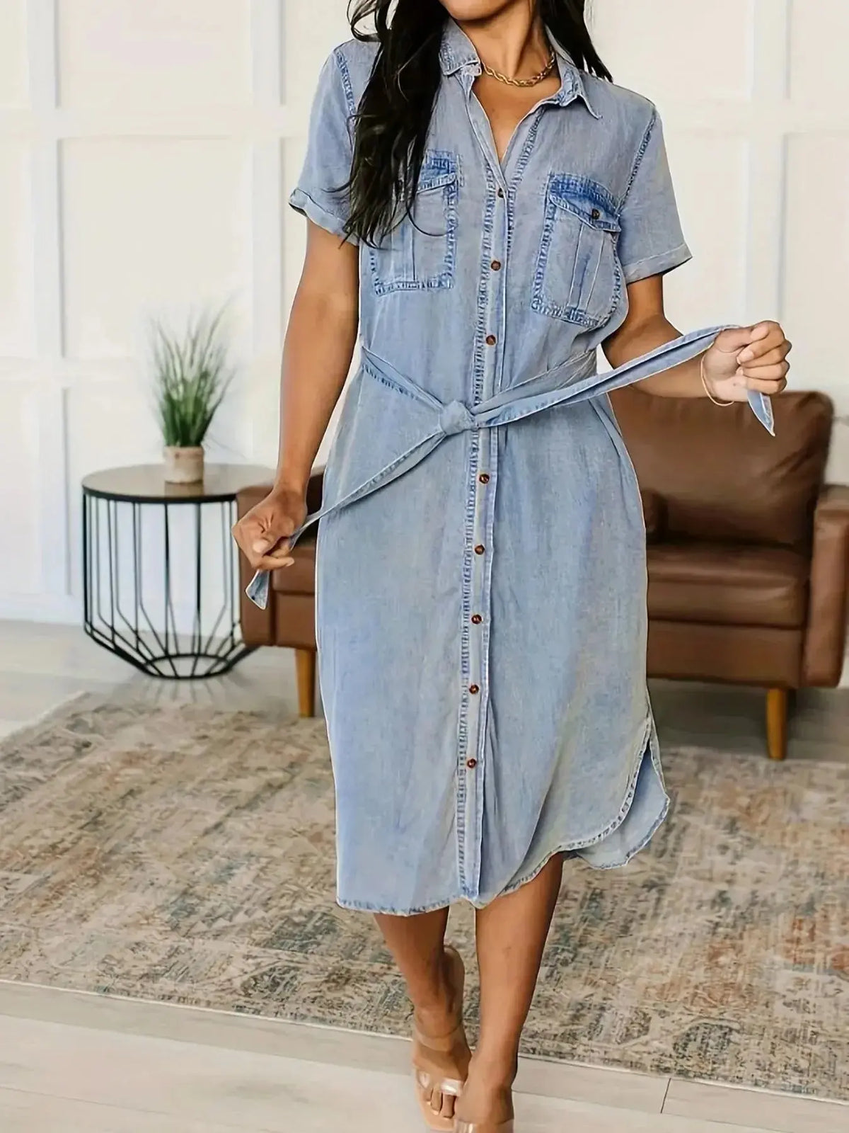 Women’s belted denim dress by Plush Fashion Hub with short sleeves, button front, and cotton blend fabric.