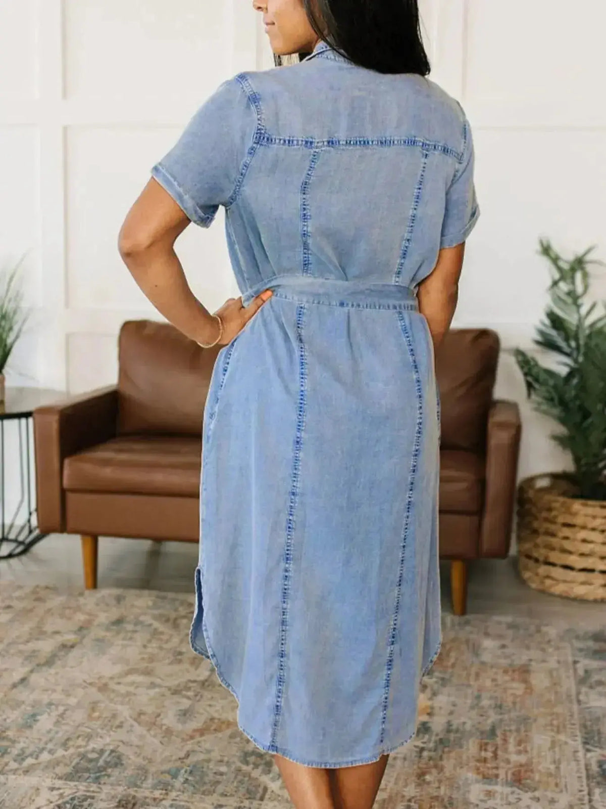 Women’s short sleeve belted denim dress by Plush Fashion Hub, featuring a cotton blend fabric and button front design.