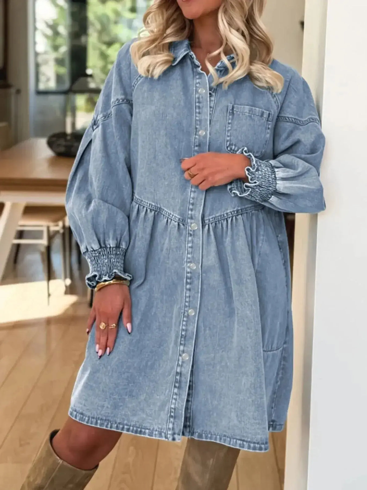 Women’s casual denim shirt dress with button-up front and smocked cuffs, stylish and comfortable from Plush Fashion Hub.
