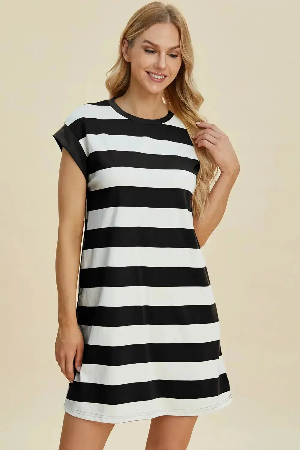 Women’s casual striped mini dress with round neck and cap sleeves by Plush Fashion Hub, perfect for everyday wear.