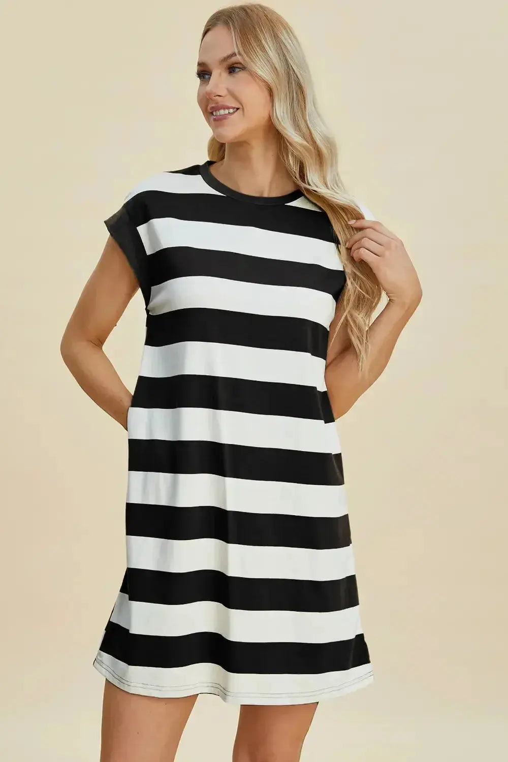 Women’s casual striped mini dress with round neck and cap sleeves by Plush Fashion Hub, perfect for everyday wear.