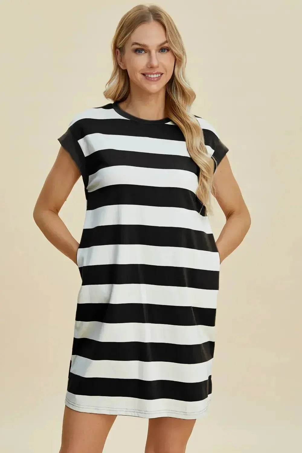 Women’s casual striped mini dress with round neck and cap sleeves by Plush Fashion Hub, perfect for everyday wear.