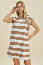 Women's casual striped mini dress with round neck and cap sleeves, designed by Trendsi, perfect for relaxed, stylish summer wear.