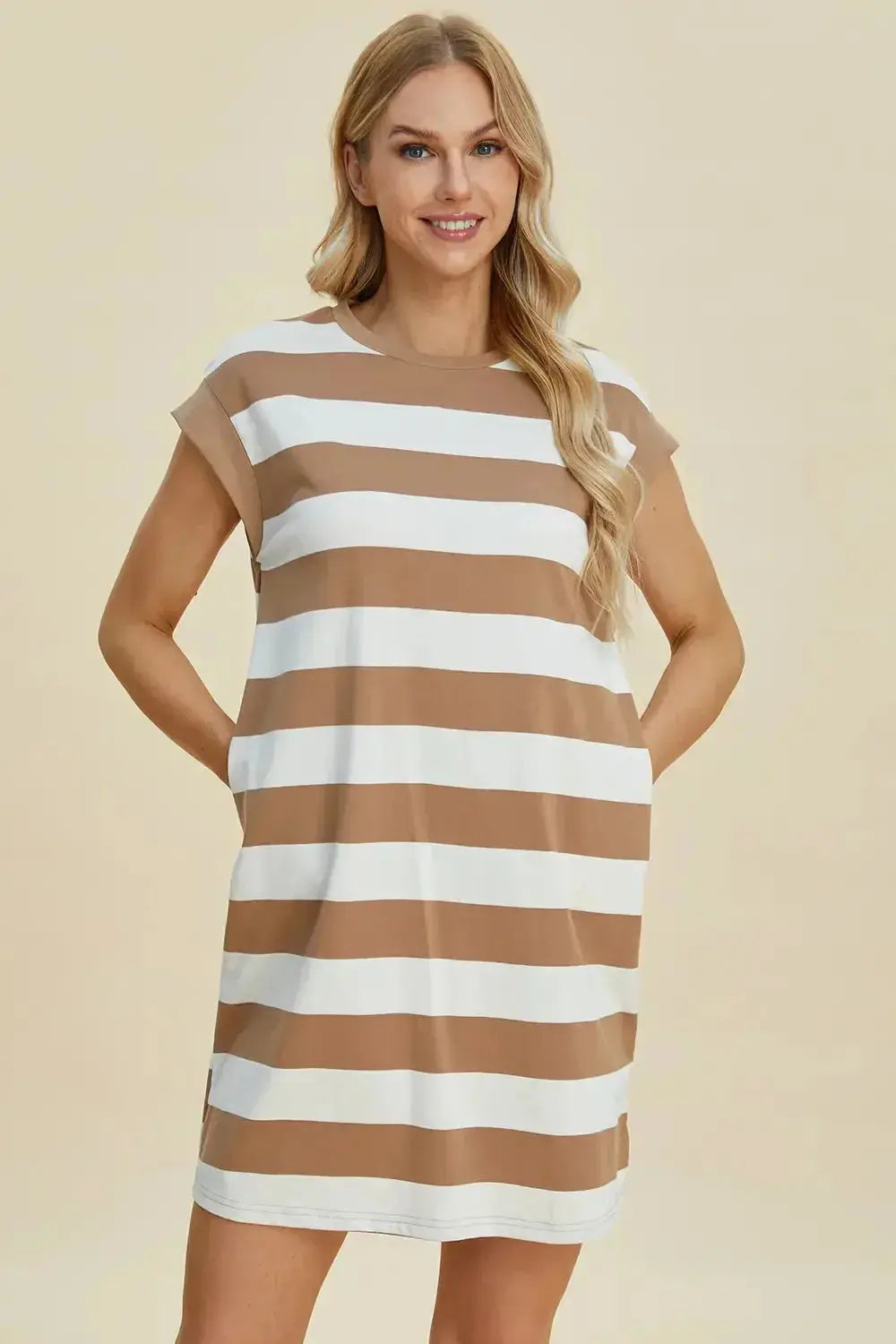 Women’s casual striped mini dress with round neck and cap sleeves from Plush Fashion Hub, perfect for relaxed summer looks.