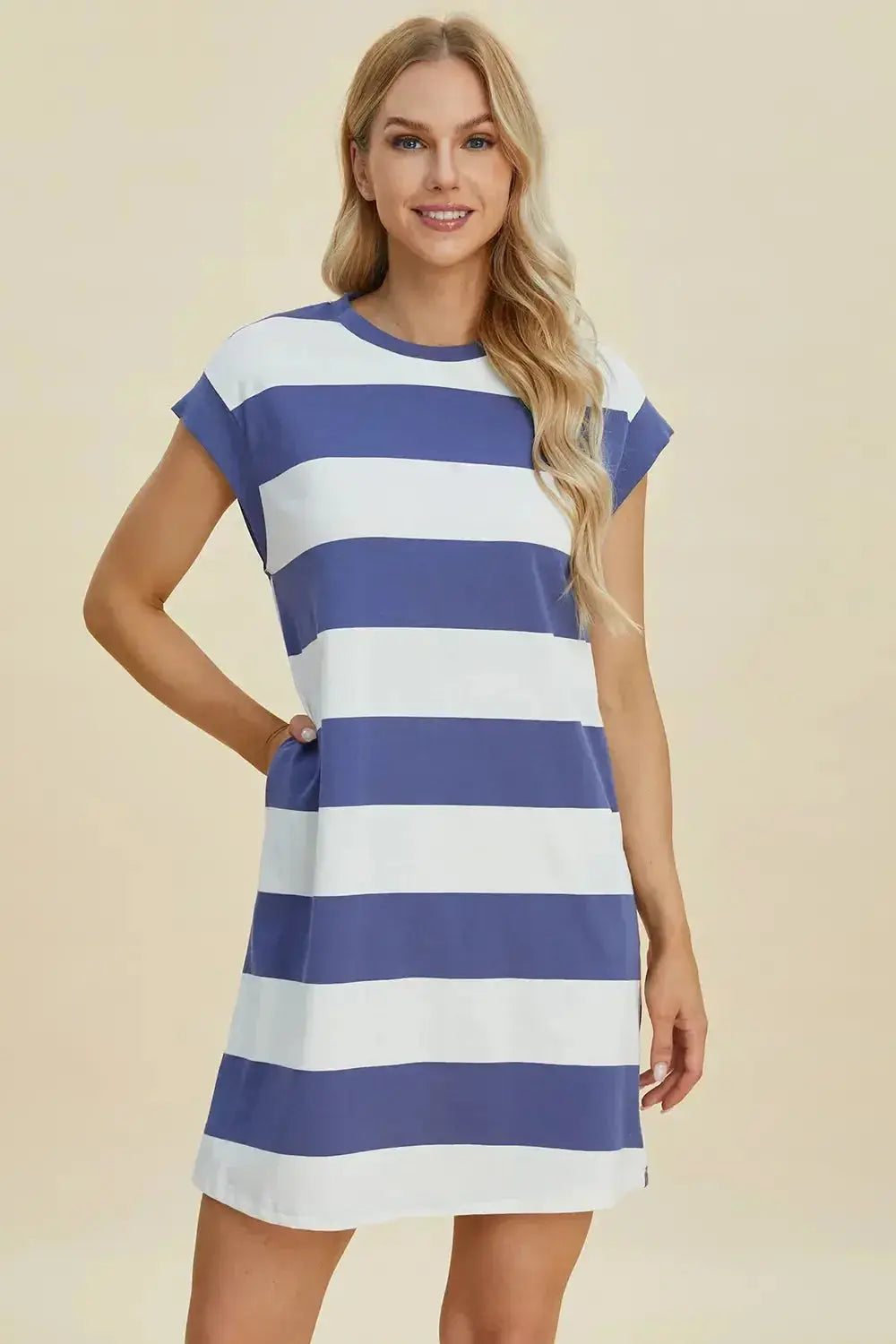 Women's casual striped mini dress with round neck and cap sleeves, trendy fashion by Trendsi, perfect for everyday wear.