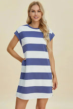 Women's casual striped mini dress with round neck and cap sleeves, trendy fashion by Trendsi, perfect for everyday wear.