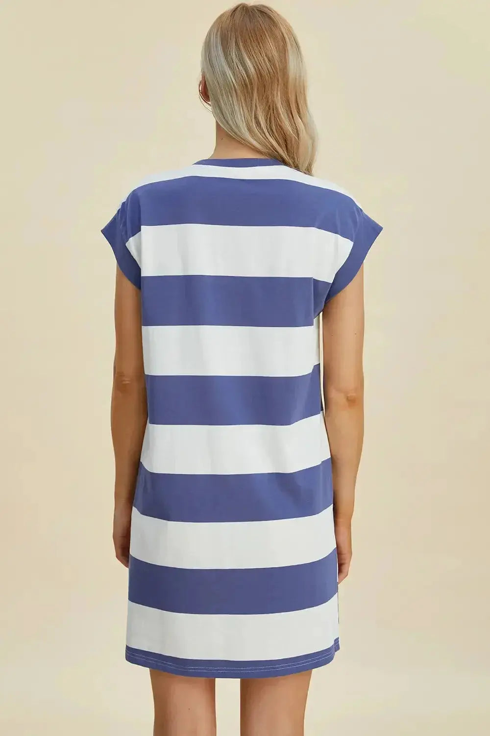 Women's casual striped mini dress with round neck and cap sleeves by Plush Fashion Hub, featuring a relaxed, stylish fit.