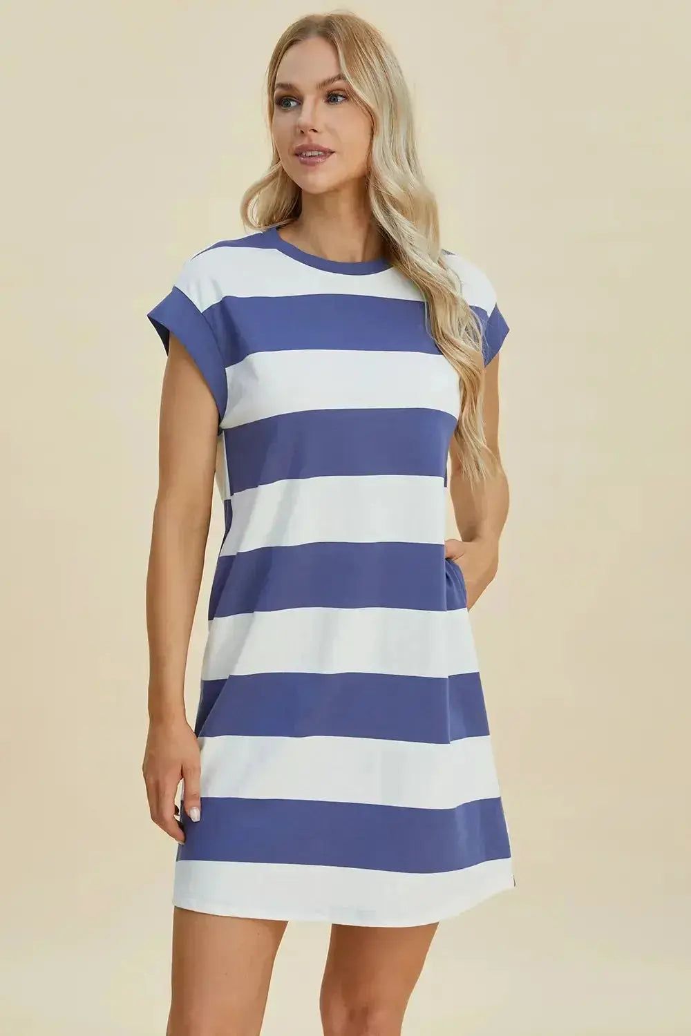 Women’s casual striped mini dress with round neck and cap sleeves by Plush Fashion Hub, perfect for everyday wear.