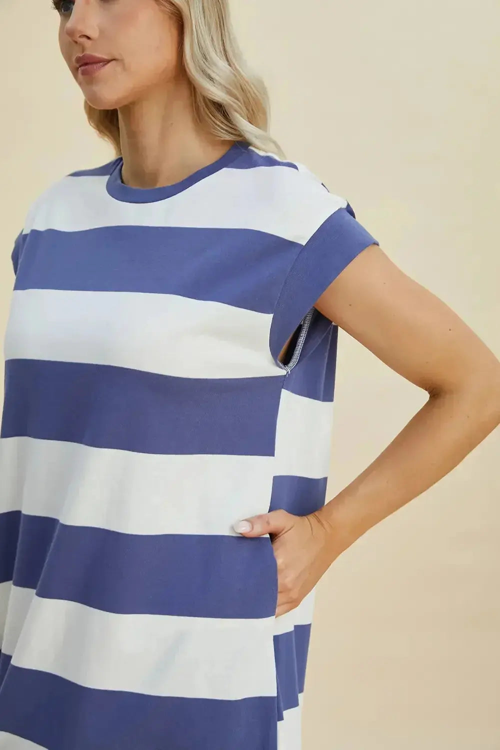 Women's casual striped mini dress with round neck and cap sleeves by Plush Fashion Hub, perfect for everyday wear.