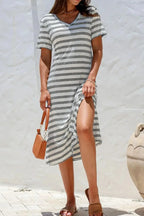 Women's casual striped V-neck midi T-shirt dress by Trendsi, featuring a comfortable fit and stylish design.