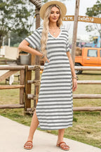Women’s casual striped V-neck midi T-shirt dress by Trendsi, featuring a relaxed fit and stylish design for everyday wear.