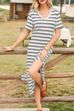 Women’s casual striped V-neck midi T-shirt dress by Trendsi featuring a relaxed fit and soft fabric, perfect for everyday wear.