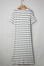 Women's casual striped V-neck midi T-shirt dress by Trendsi featuring a comfortable fit and stylish design.