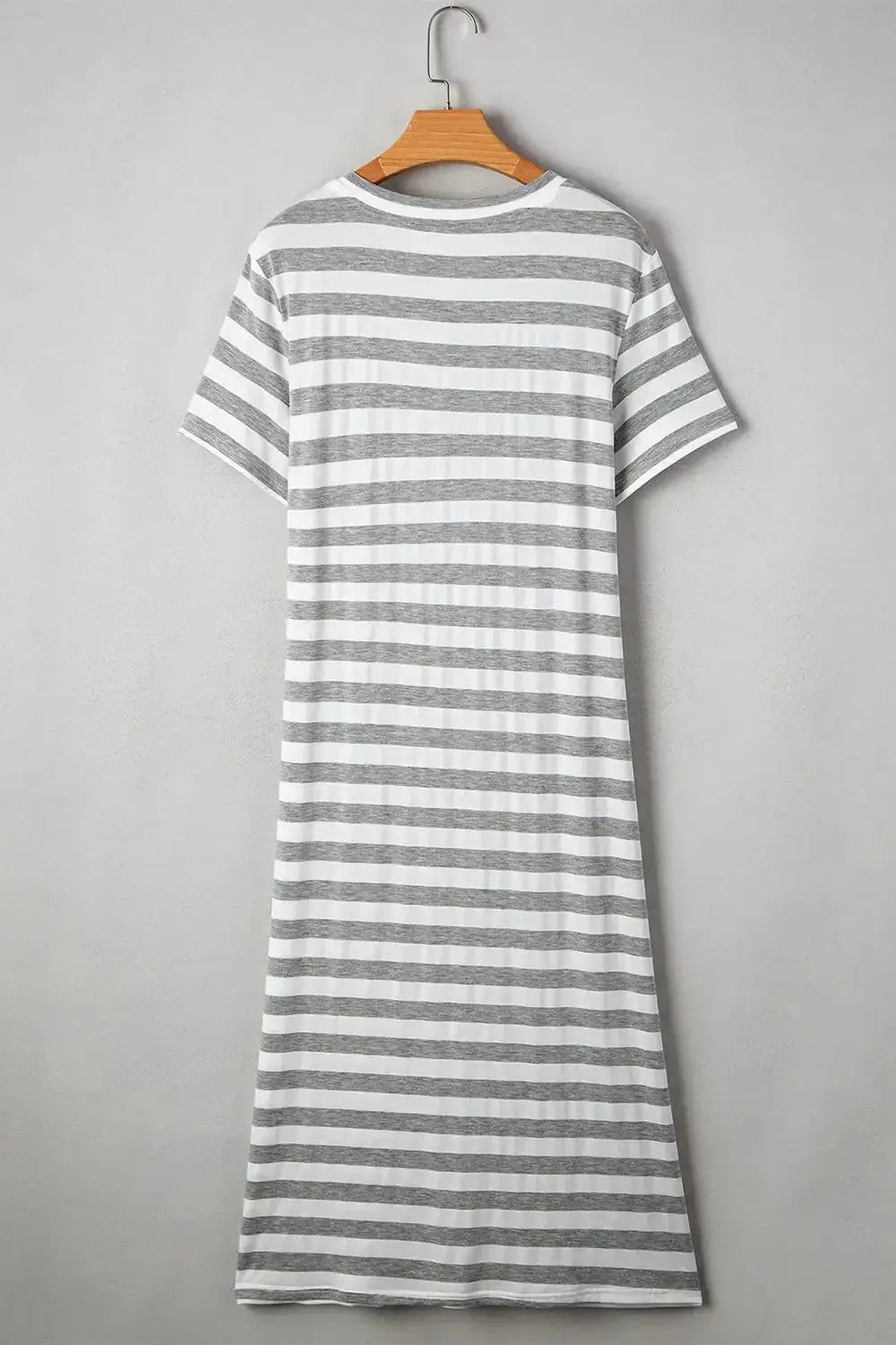 Women's casual striped V-neck midi T-shirt dress by Trendsi featuring a comfortable fit and stylish design.