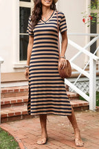 Women’s casual striped V-neck midi T-shirt dress by Trendsi, featuring a relaxed fit and comfortable fabric, perfect for everyday wear.