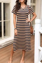 Women’s casual striped V-neck midi T-shirt dress by Trendsi, featuring a relaxed fit and comfortable fabric.