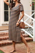 Women’s casual striped V-neck midi T-shirt dress by Trendsi, featuring a comfortable fit and stylish design.
